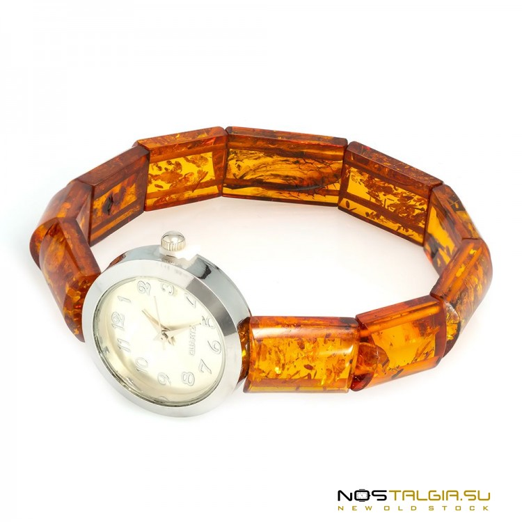 Женские наручные часы с браслетом ручной работы из коньячного янтаря - новые 
