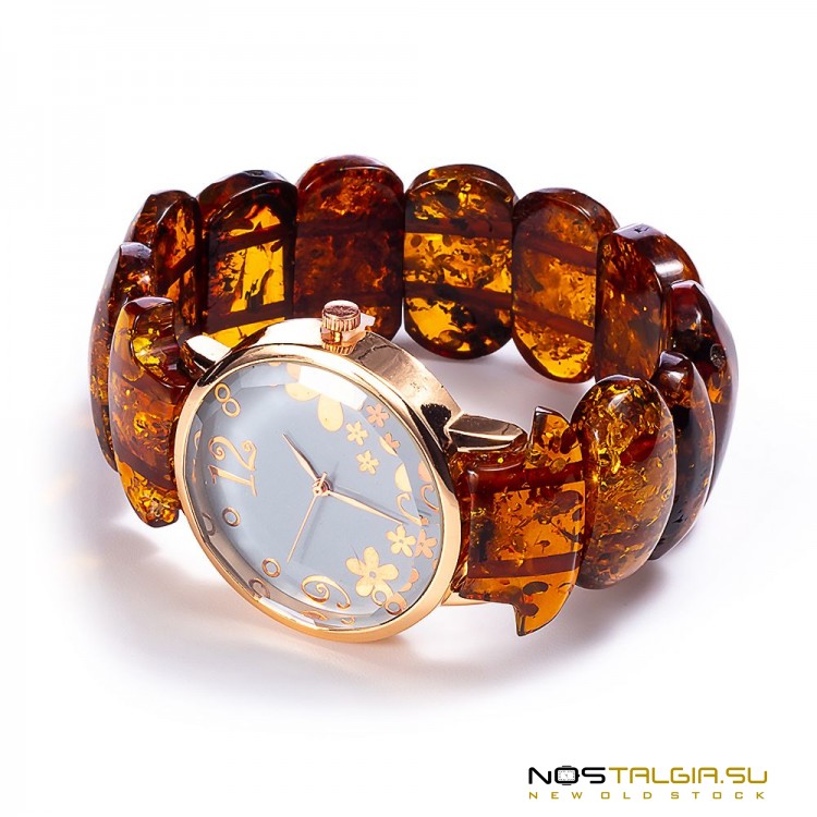 Часы корпусе золотого цвета (женские) с браслетом ручной работы - янтарь 