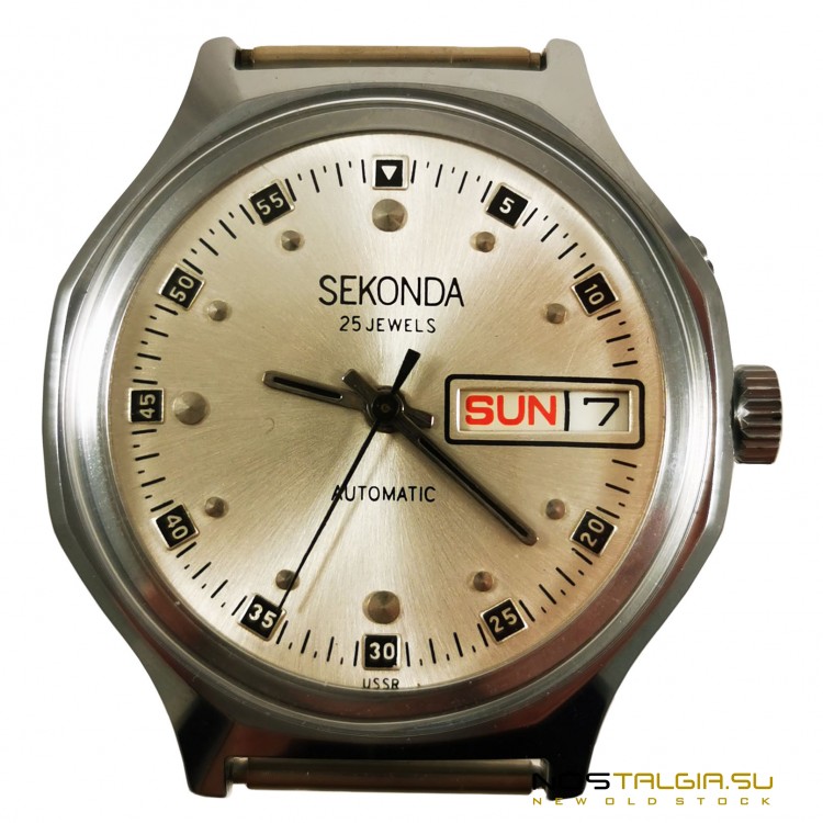Интересные часы "Секунда" 2427 с двойным календарем и автоподзаводом, СССР - новые с хранения