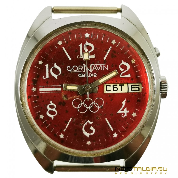 Хромированные часы "Слава" Cornavin с календарем Олимпиада 80, бывшие в использовании 