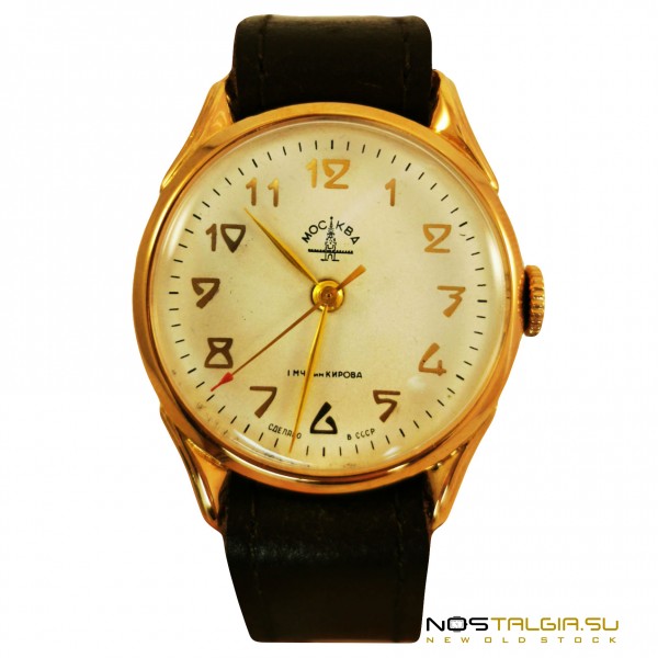 Золотые часы "Москва" (проба 583) СССР, с кожаным ремешком ручной работы, идеальное состояние, новые с хранения