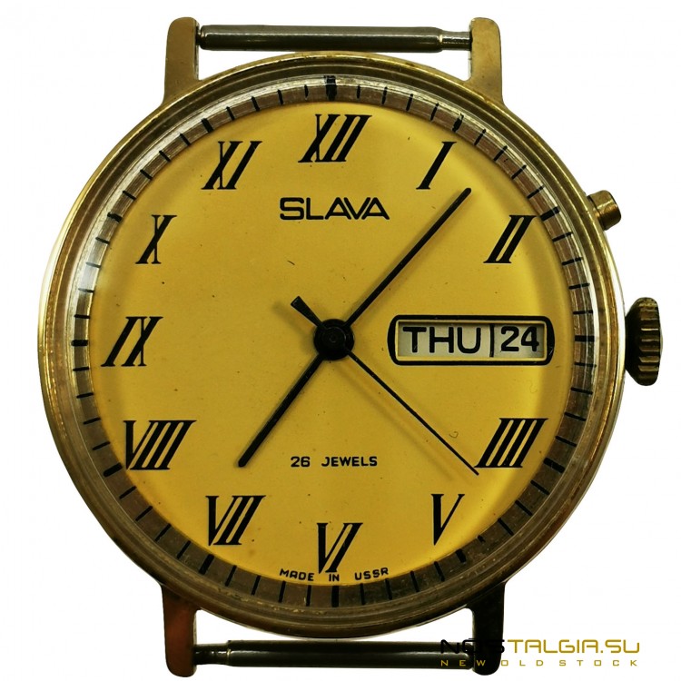 Часы "Слава" СССР 26 камней, стильный желтый циферблат 