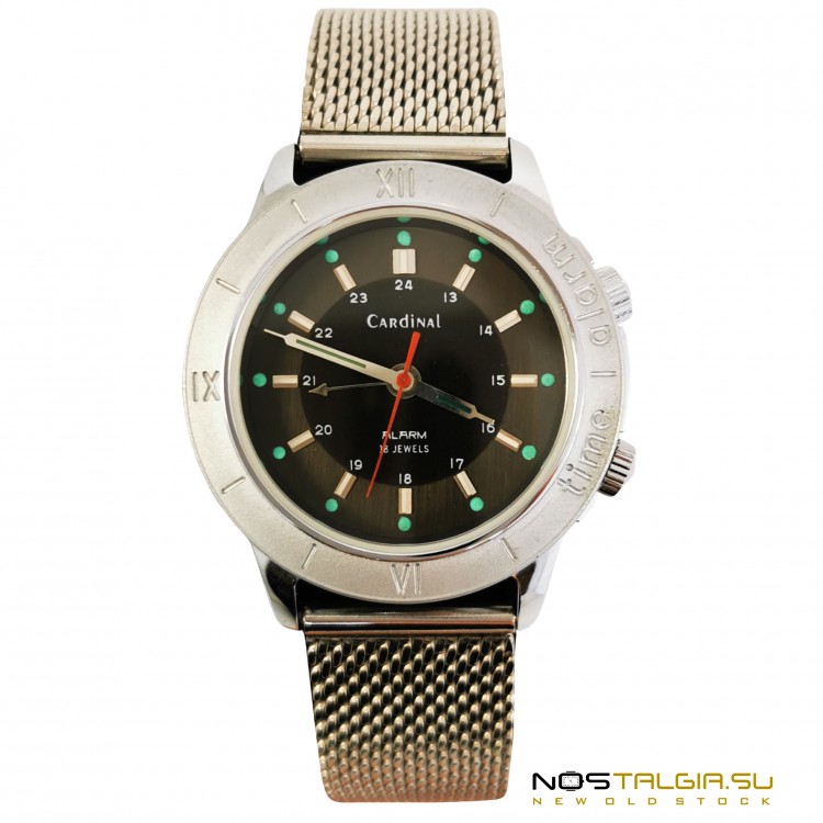 Редкие часы "Полет"-"Cardinal" 2612.1 СССР с будильником, с металлическим браслетом, новые с хранения
