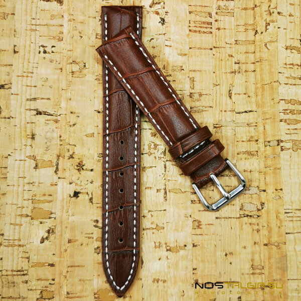 Bracelet de montre /cuir /marron avec surpiqûres blanches /18 mm