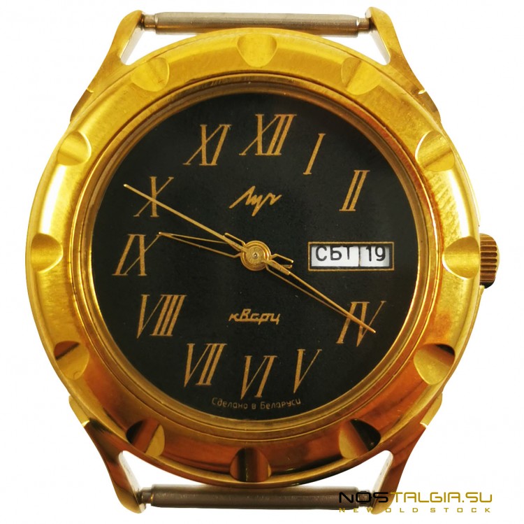 Интересные часы "Луч" в корпусе золотого цвета - новые с хранения, двойной календарь 