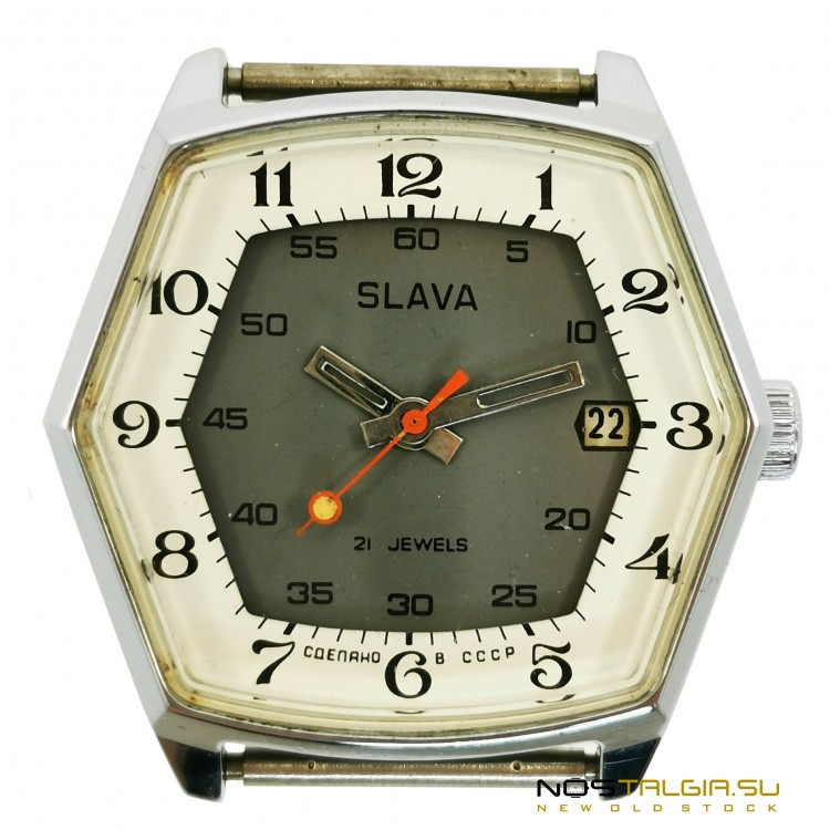 Часы наручные "Слава" знак качества СССР с боковым календарем, новые с хранения