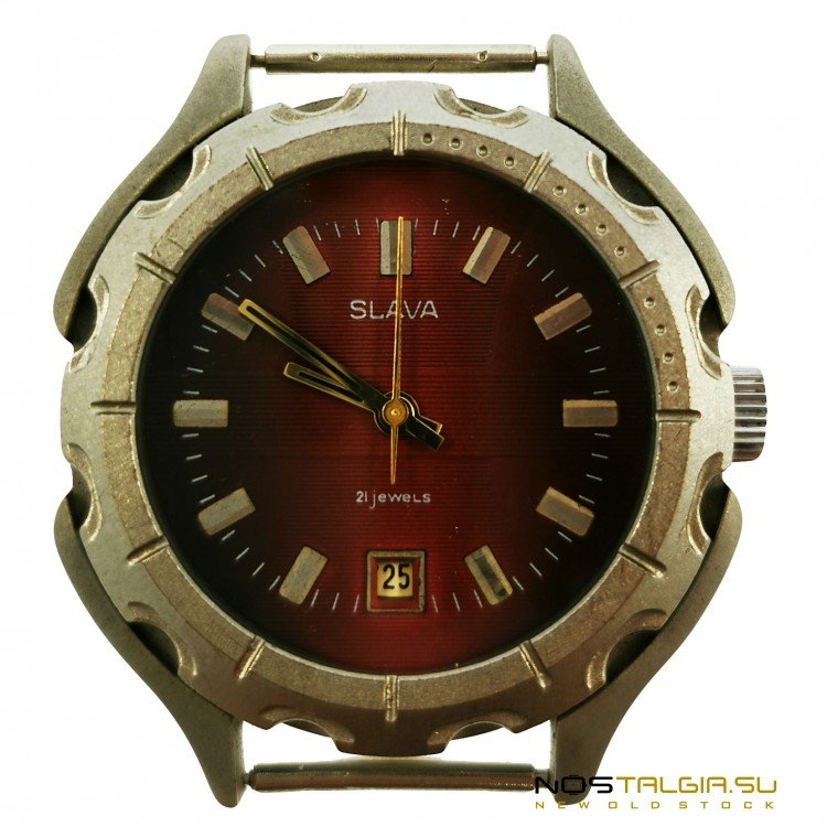 斯拉瓦手表在一个不寻常的钛外壳和勃艮第表盘，防水，新的存储