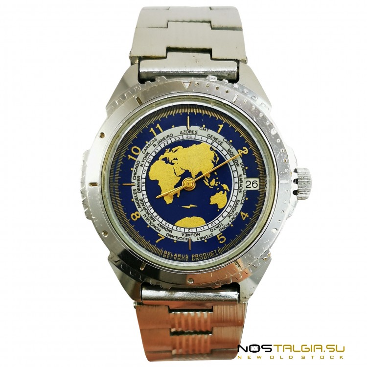 Часы механические "Луч" Мировое время, с боковым календарем и металлическим браслетом, новые с хранения