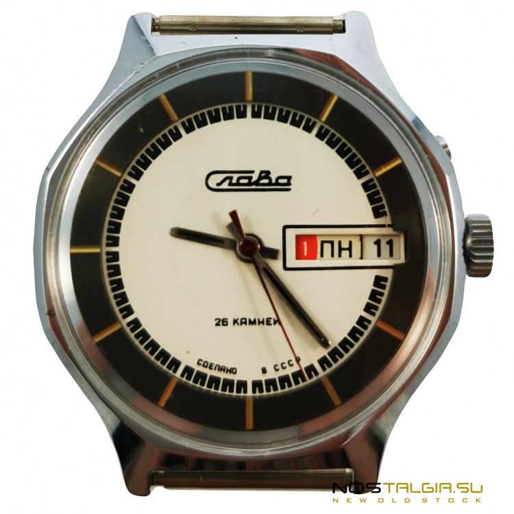 Необычные часы "Слава" с двойным календарем - СССР, в хорошем техническом состоянии, новые с хранения 