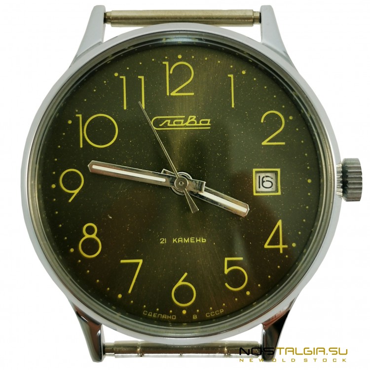 Часы наручные "Слава"- Знак качества СССР, с боковым календарем, новые с хранения 