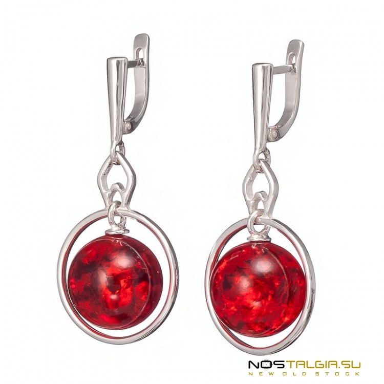 时尚女性耳环-手工加工的红色（樱桃）琥珀球 
