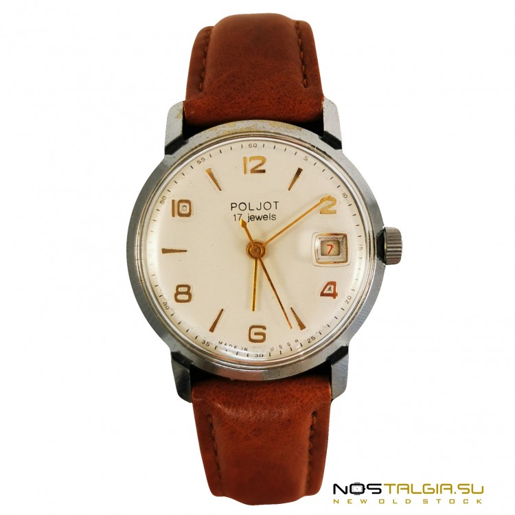 稀有手表"飞行"2414-苏联，1958年，与皮革表带和侧日历，使用