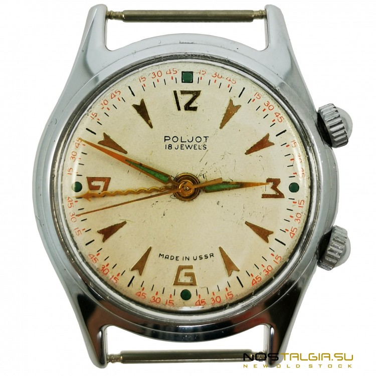Редкие наручные часы "Полет" 2612 "Сигнал"- СССР, волнистая стрелка будильника, новые с хранения