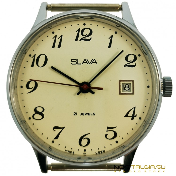 Механические наручные часы "Слава" СССР, с боковым календарем, в отличном состоянии, с хранения 