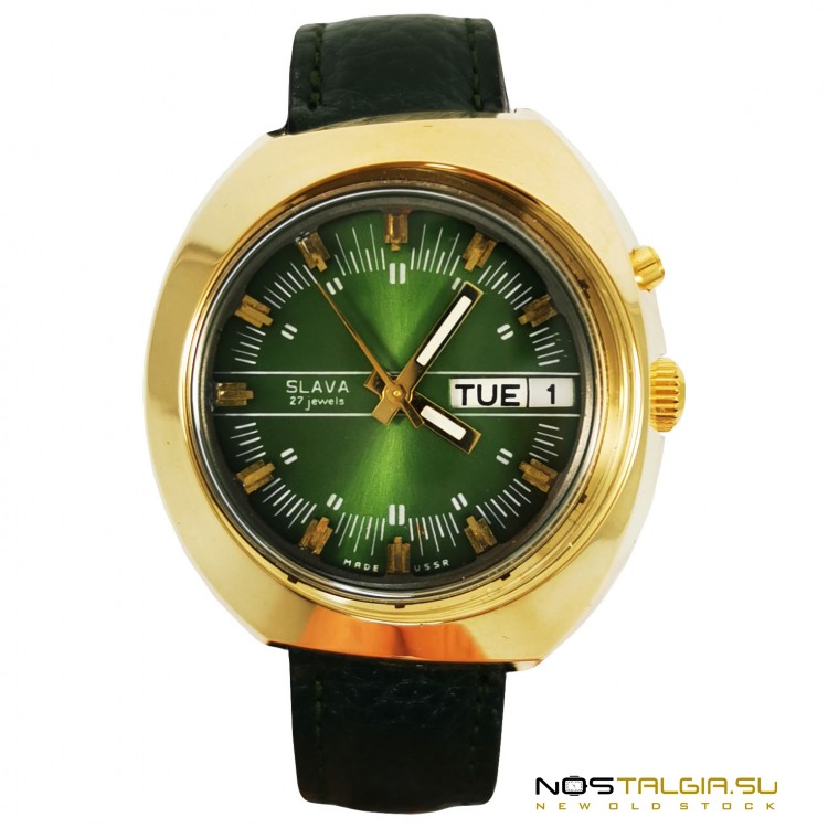 Очень редкие часы "Слава" - "Косая" 2427 СССР золотой цвет, отличное состояние, с хранения 