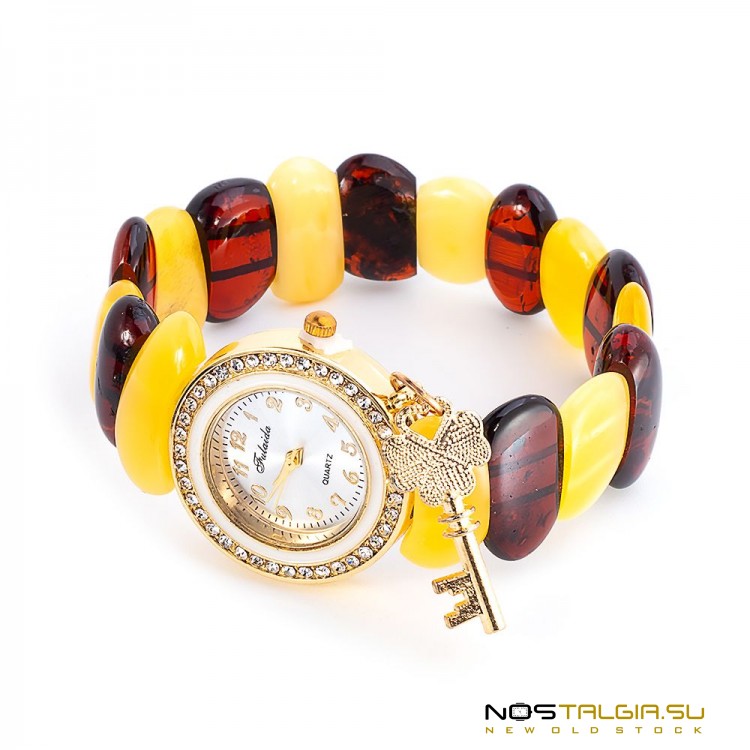 Женские часы с янтарем в корпусе золотого цвета с кварцевым механизмом - НОВЫЕ 